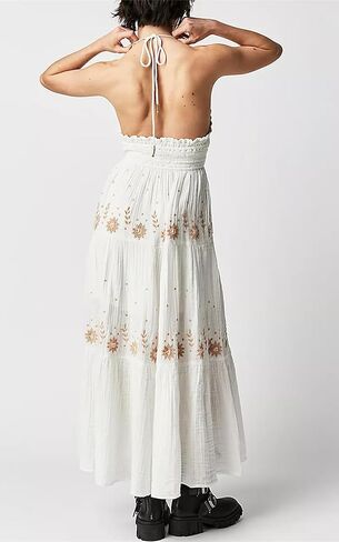 Ebossy Women's Summer Boho المطرزة Daisy Maxi Dress Halter Shirred v الرقبة الخلف in Kuwait