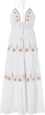 Ebossy Women's Summer Boho المطرزة Daisy Maxi Dress Halter Shirred v الرقبة الخلف in Kuwait