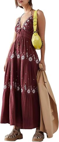 Ebossy Women's Summer Boho المطرزة Daisy Maxi Dress Halter Shirred v الرقبة الخلف in Kuwait
