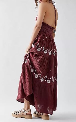 Ebossy Women's Summer Boho المطرزة Daisy Maxi Dress Halter Shirred v الرقبة الخلف in Kuwait