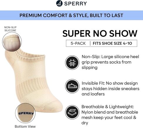 Sperry Women’s 5-Pack Super No Show Socks – Breathable Mesh, Lightweight, Non-Slip Invisible Low Cut Liner Socks for Sneakers in Saudi Arabia