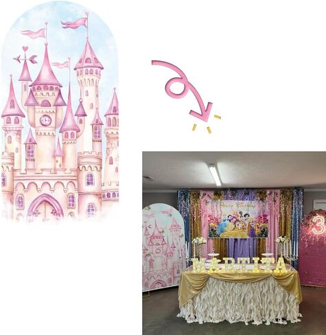 6.6FT Pink Castle Tower Arch Cover Round Arch Backdrop Chiara Fairy Tales for Birthday Party Baby Shower Decor Groovy(6.6x3.3ft,No Frame No Zipper) in Saudi Arabia