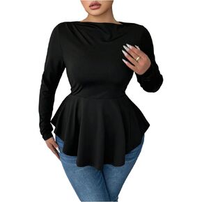 Women's Plus Size Boat Neck Ruffle T Shirt Long Sleeve Peplum Tops Casual Dressy Tees in Saudi Arabia