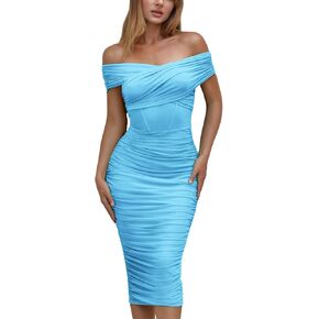 Women's Convertible Off Shoulder Neckline Special Occasion Party Ruched Bodycon Mesh Dress with Built-in Bra in Kuwait