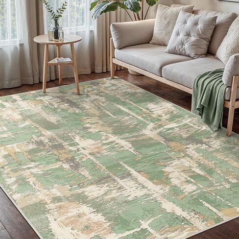 Washable Rug 5x7 Area Rug for Living Room Bedroom, Large Modern Abstract Rug Indoor Floor Carpets Low Pile No Shed Non-Slip with Rubber Backing Dining Room Kitchen Office (Green, 5'x7') in Kuwait
