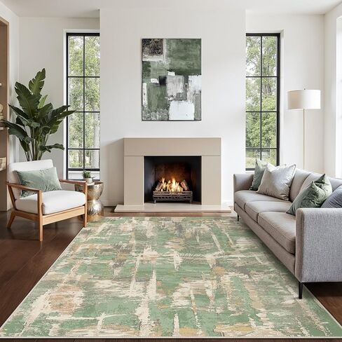 Washable Rug 5x7 Area Rug for Living Room Bedroom, Large Modern Abstract Rug Indoor Floor Carpets Low Pile No Shed Non-Slip with Rubber Backing Dining Room Kitchen Office (Green, 5'x7') in Kuwait