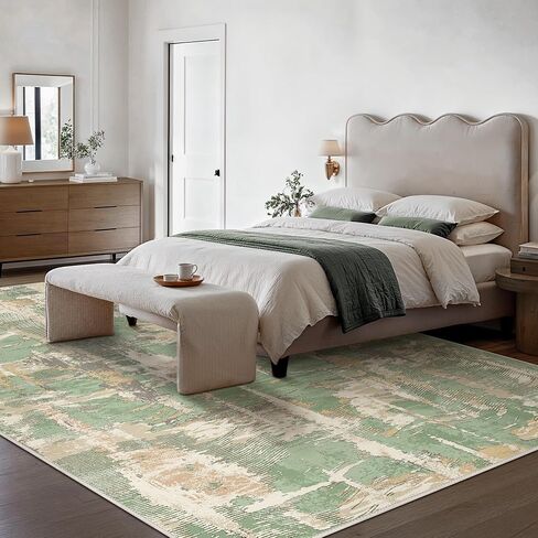 Washable Rug 5x7 Area Rug for Living Room Bedroom, Large Modern Abstract Rug Indoor Floor Carpets Low Pile No Shed Non-Slip with Rubber Backing Dining Room Kitchen Office (Green, 5'x7') in Kuwait