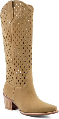 Cowboy Knee High Boots Cutouts Chunky Block Stacked Heel Western Cowgirl Tall Boot for Women Pointed Toe Fashion Vintage Long Booties Pull on in Saudi Arabia