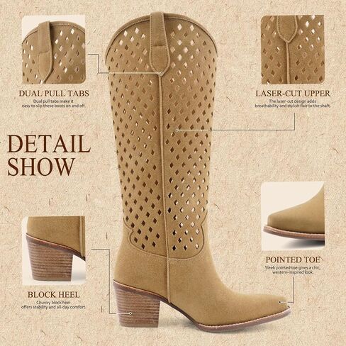 Cowboy Knee High Boots Cutouts Chunky Block Stacked Heel Western Cowgirl Tall Boot for Women Pointed Toe Fashion Vintage Long Booties Pull on in Saudi Arabia