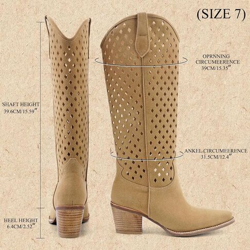 Cowboy Knee High Boots Cutouts Chunky Block Stacked Heel Western Cowgirl Tall Boot for Women Pointed Toe Fashion Vintage Long Booties Pull on in Saudi Arabia