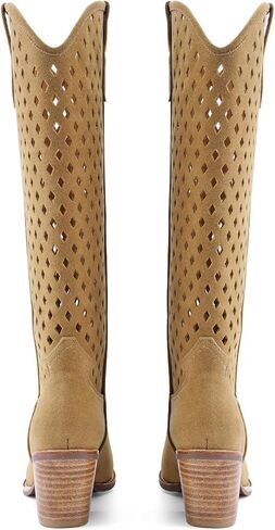 Cowboy Knee High Boots Cutouts Chunky Block Stacked Heel Western Cowgirl Tall Boot for Women Pointed Toe Fashion Vintage Long Booties Pull on in Saudi Arabia