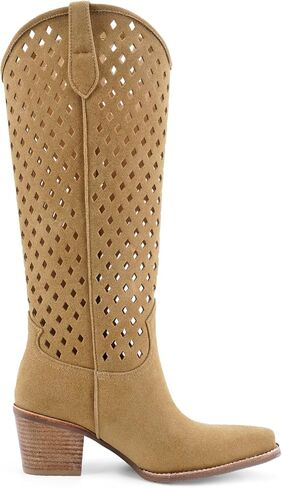 Cowboy Knee High Boots Cutouts Chunky Block Stacked Heel Western Cowgirl Tall Boot for Women Pointed Toe Fashion Vintage Long Booties Pull on in Saudi Arabia