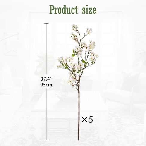 DILATATA Artificial Cherry Blossom Flowers 5 Pcs Silk Cherry Blossom Stems 37.4 Inch Long Stems Faux Silk Peach Flowers for Tall Vase Spring Decor Wedding Party Home Table Arrangement - White in Saudi Arabia