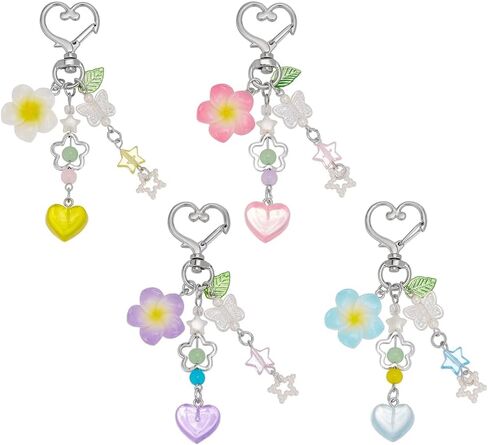 WADORN 4 Colors Hibiscus Flower Keychain, Kawaii Heart Flower Pendants Charm Cute Floral Star Beaded Purse Key Charms Decoration Spring Summer Purse Bag Backpack Hanging Ornaments Decor Women Gifts in Saudi Arabia