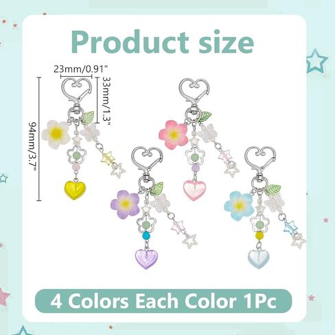 WADORN 4 Colors Hibiscus Flower Keychain, Kawaii Heart Flower Pendants Charm Cute Floral Star Beaded Purse Key Charms Decoration Spring Summer Purse Bag Backpack Hanging Ornaments Decor Women Gifts in Saudi Arabia