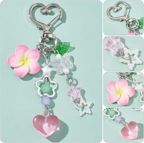 WADORN 4 Colors Hibiscus Flower Keychain, Kawaii Heart Flower Pendants Charm Cute Floral Star Beaded Purse Key Charms Decoration Spring Summer Purse Bag Backpack Hanging Ornaments Decor Women Gifts in Saudi Arabia