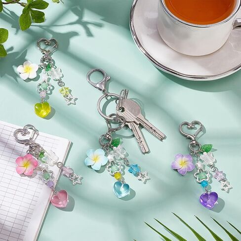 WADORN 4 Colors Hibiscus Flower Keychain, Kawaii Heart Flower Pendants Charm Cute Floral Star Beaded Purse Key Charms Decoration Spring Summer Purse Bag Backpack Hanging Ornaments Decor Women Gifts in Saudi Arabia
