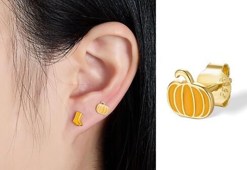 Cute Pumpkin Tiny Small Stud Earrings 925 Sterling Silver Cartilage Tragus Hypoallergenic Enamel Studs Earring Dainty Halloween Thanksgiving Autumn Fall Party Jewelry Gifts for Women Daughter in Saudi Arabia