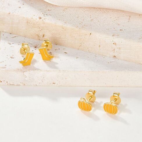 Cute Pumpkin Tiny Small Stud Earrings 925 Sterling Silver Cartilage Tragus Hypoallergenic Enamel Studs Earring Dainty Halloween Thanksgiving Autumn Fall Party Jewelry Gifts for Women Daughter in Saudi Arabia