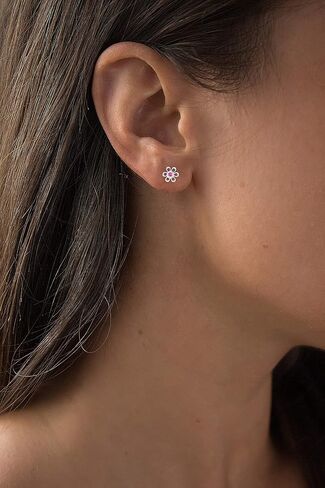 Solid 14K Gold 7.50mm Natural Birthstone Daisy Flower Screwback Stud Earrings For Women | 2mm Natural Birthstone | 14K Gold Natural or Created Gemstone Screwback Earrings For Women in Saudi Arabia