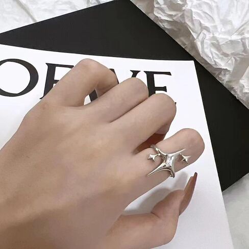 Silver Chunky Star Ring Irregular Silver Star Ring Y2k Rings Grunge Rings Adjustable Open Ring Sparkling Hollow Star Knuckle Ring Jewelry for Women in Kuwait