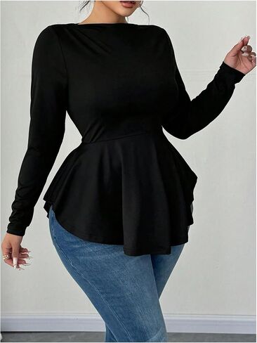 Women's Plus Size Boat Neck Ruffle T Shirt Long Sleeve Peplum Tops Casual Dressy Tees in Kuwait