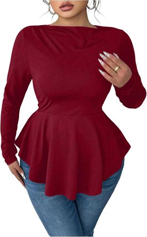 Women's Plus Size Boat Neck Ruffle T Shirt Long Sleeve Peplum Tops Casual Dressy Tees in Kuwait