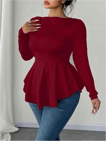 Women's Plus Size Boat Neck Ruffle T Shirt Long Sleeve Peplum Tops Casual Dressy Tees in Kuwait
