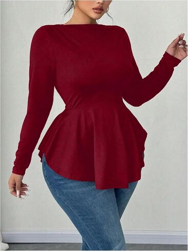 Women's Plus Size Boat Neck Ruffle T Shirt Long Sleeve Peplum Tops Casual Dressy Tees in Kuwait