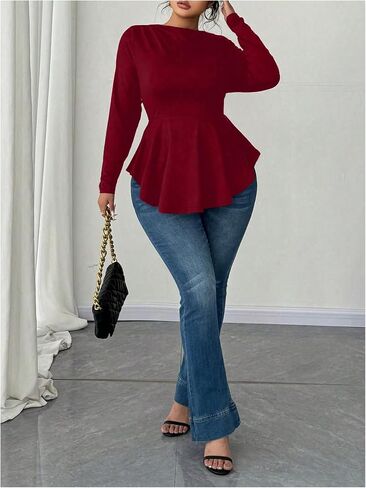 Women's Plus Size Boat Neck Ruffle T Shirt Long Sleeve Peplum Tops Casual Dressy Tees in Kuwait