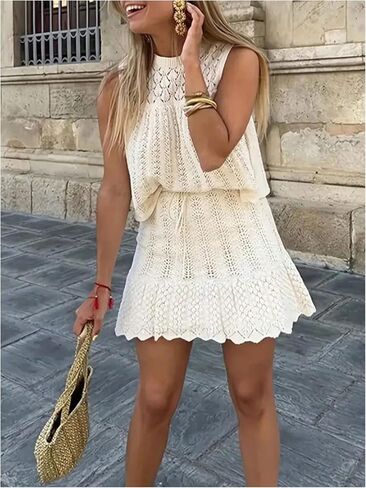 MakeMeChic Women's 2 Piece Crochet Outfit Crew Neck Cut Out Sleeveless Tank and Tie Waist Skirt Set in Saudi Arabia