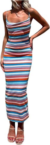 GORGLITTER Women's Crochet Backless Bodycon Maxi Dress Color Block Sleeveless Open Back Cowl Neck Striped Long Dresses in Saudi Arabia