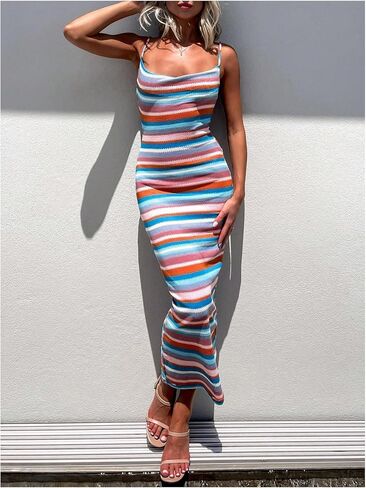 GORGLITTER Women's Crochet Backless Bodycon Maxi Dress Color Block Sleeveless Open Back Cowl Neck Striped Long Dresses in Saudi Arabia