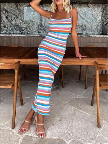 GORGLITTER Women's Crochet Backless Bodycon Maxi Dress Color Block Sleeveless Open Back Cowl Neck Striped Long Dresses in Saudi Arabia