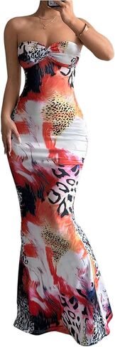 GORGLITTER Women's Cheetah Leopard Strapless Maxi Dress Backless Y2k Animal Print Bodycon Tube Dresses in Saudi Arabia