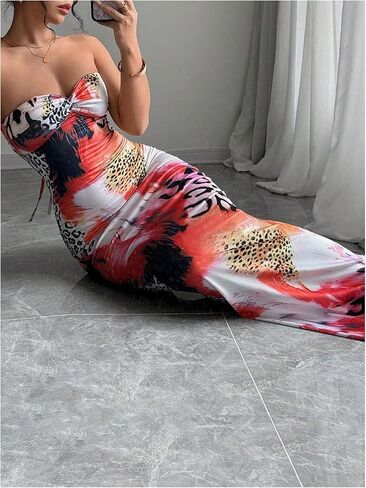 GORGLITTER Women's Cheetah Leopard Strapless Maxi Dress Backless Y2k Animal Print Bodycon Tube Dresses in Saudi Arabia