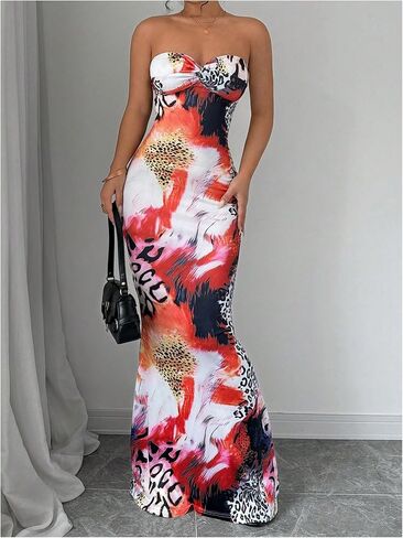 GORGLITTER Women's Cheetah Leopard Strapless Maxi Dress Backless Y2k Animal Print Bodycon Tube Dresses in Saudi Arabia