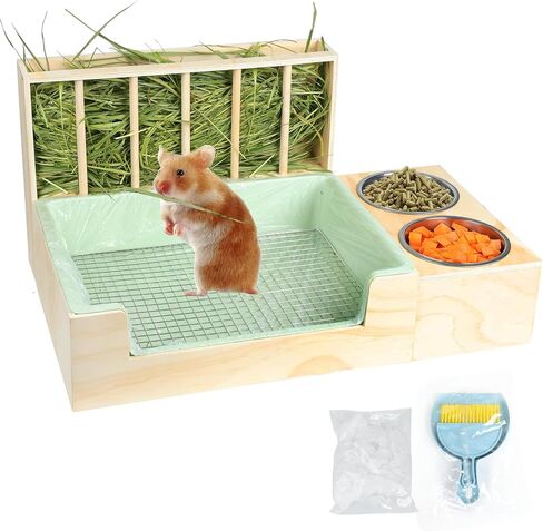 3 in 1 Rabbit Litter Box with Hay Feeder and Bowls - Wooden Rabbit Hay Feeder for Guinea Pig, Hamster, Small Animals in Saudi Arabia