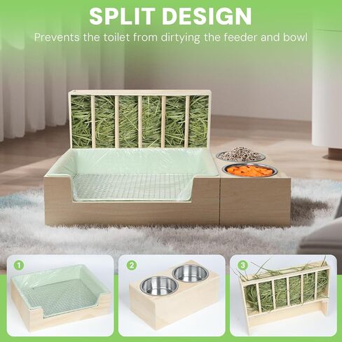 3 in 1 Rabbit Litter Box with Hay Feeder and Bowls - Wooden Rabbit Hay Feeder for Guinea Pig, Hamster, Small Animals in Saudi Arabia