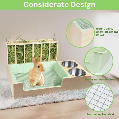 3 in 1 Rabbit Litter Box with Hay Feeder and Bowls - Wooden Rabbit Hay Feeder for Guinea Pig, Hamster, Small Animals in Saudi Arabia