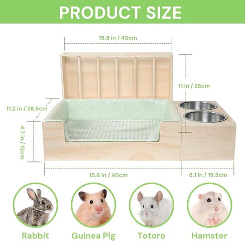 3 in 1 Rabbit Litter Box with Hay Feeder and Bowls - Wooden Rabbit Hay Feeder for Guinea Pig, Hamster, Small Animals in Saudi Arabia