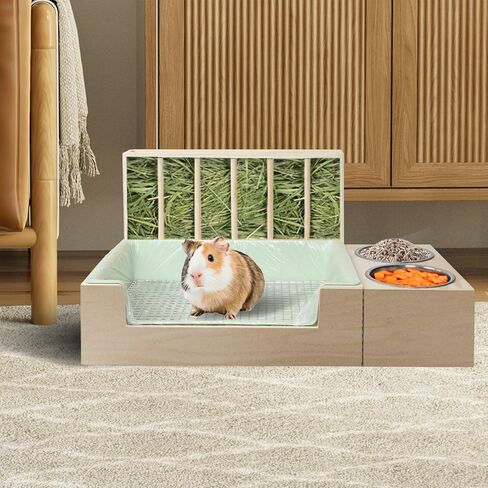3 in 1 Rabbit Litter Box with Hay Feeder and Bowls - Wooden Rabbit Hay Feeder for Guinea Pig, Hamster, Small Animals in Saudi Arabia