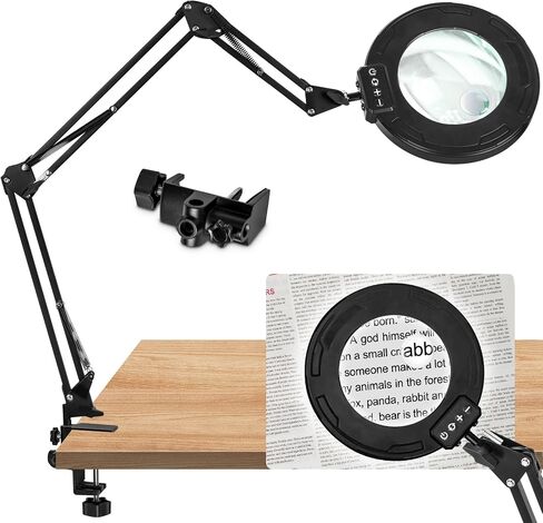 HITTI Ultra Long 12X Magnifying Glass with Light and Clamp, 5 Color Modes Steepless Dimming Desk Lamp, Swivel Arm Workbench Light, Hands Free Lighted Magnifier Stand for Craft Reading Soldering in Saudi Arabia