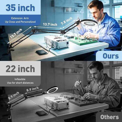 HITTI Ultra Long 12X Magnifying Glass with Light and Clamp, 5 Color Modes Steepless Dimming Desk Lamp, Swivel Arm Workbench Light, Hands Free Lighted Magnifier Stand for Craft Reading Soldering in Saudi Arabia
