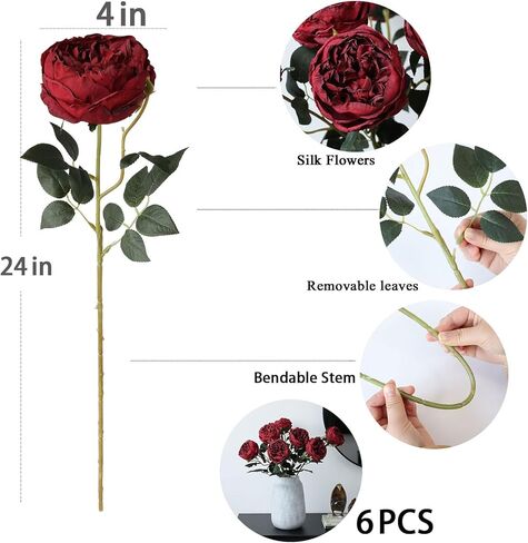 Mizii 6pcs محترقة الورود الصناعية الأرجواني الزهور زهور الورود الحريرية مزيفة مع جذع طويل لزخارف الزفاف طاولة مركزية ترتيب زهرة ديكور المنزل (أرجواني محترق) in Kuwait