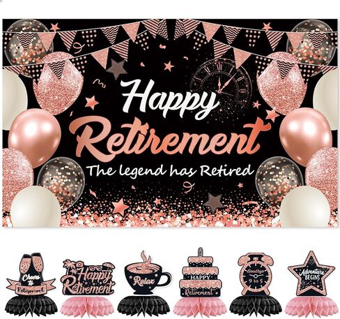 Retirement Party Decorations Kit for Men Women, Black Gold Happy Retirement Banner with 6PCS Retirement Honeycomb Centerpiece,5.9 x 3.6Ft, Black Gold Retirement Yard Sign for Retirement Party Supplies ﻿ in Saudi Arabia