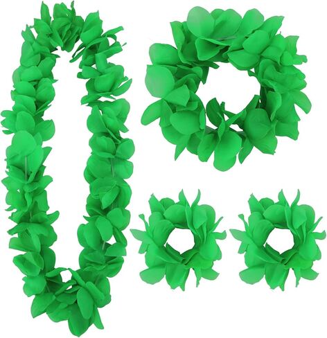 (Green) Hawaiian Luau Flower Leis Jumbo Necklace Bracelets Headband Set Halloween Costume in Kuwait