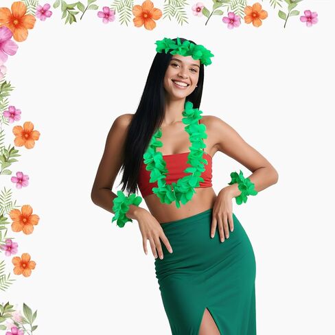 (Green) Hawaiian Luau Flower Leis Jumbo Necklace Bracelets Headband Set Halloween Costume in Kuwait