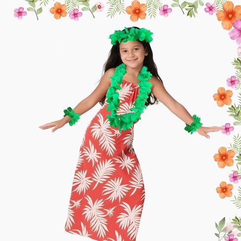 (Green) Hawaiian Luau Flower Leis Jumbo Necklace Bracelets Headband Set Halloween Costume in Kuwait