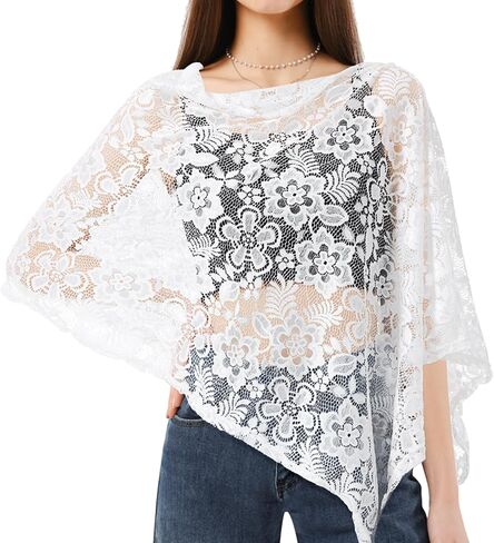 Women Lace Floral Hollow Shawl Poncho Shrug Summer Sheer Top Lightweight Poncho Bolero for Evening Dress in Kuwait